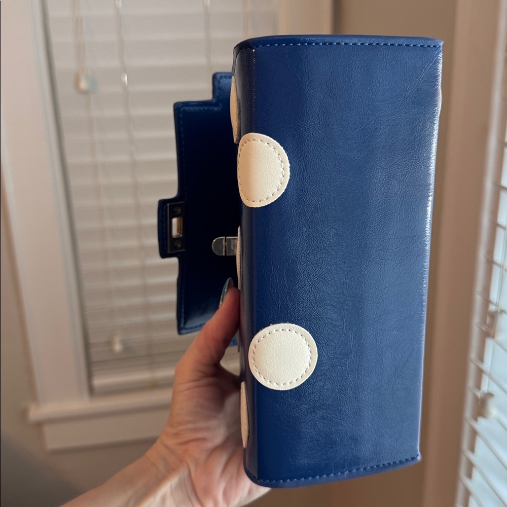 Melie Bianco Anthropologie Navy Blue Mini Top-Handle Bag with Cream Polka Dots - Picture 5 of 10